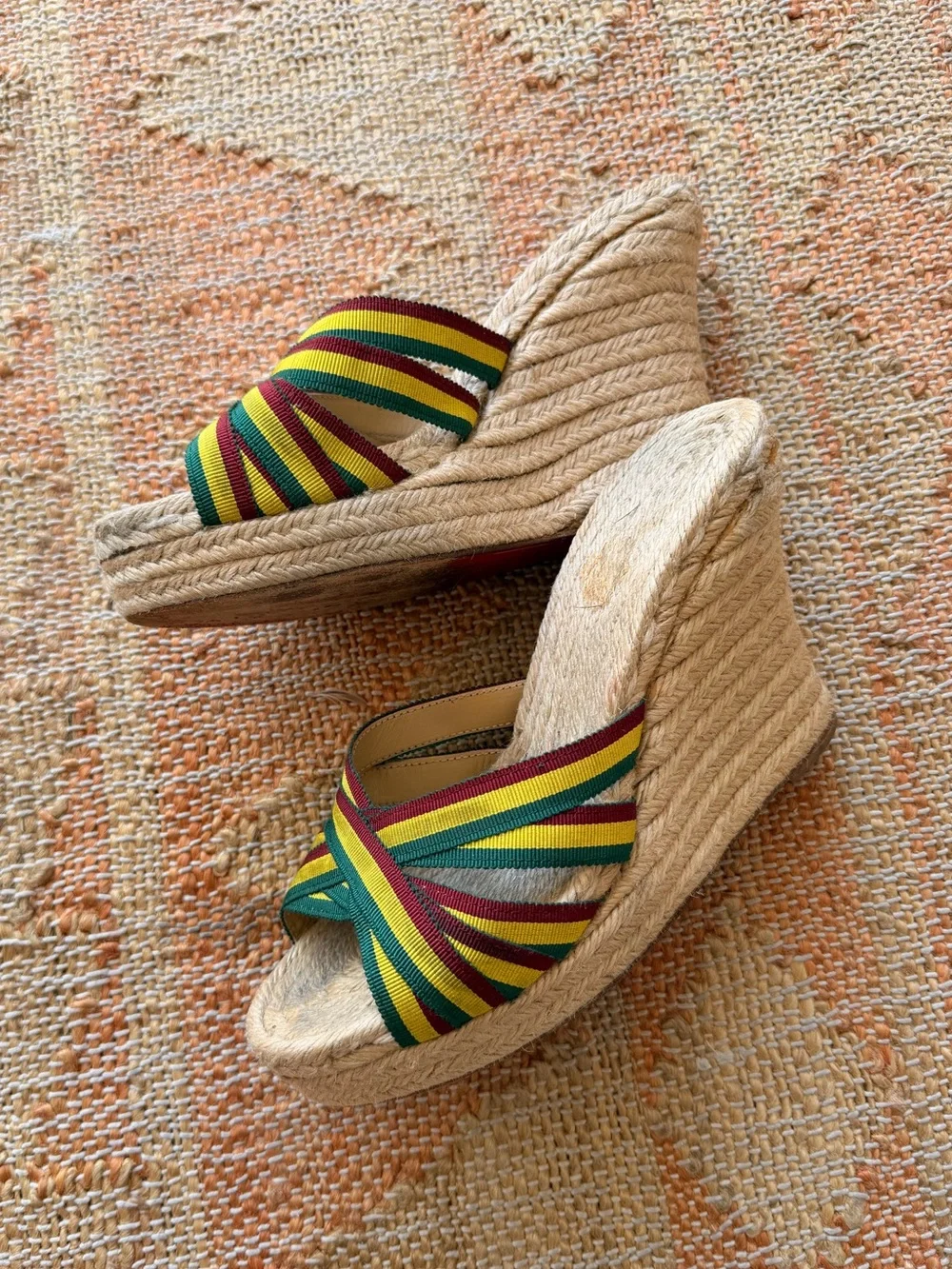 Y2K Vintage Christian Louboutin Rasta Jamaican Heel Sandal Espadrilles Size 38